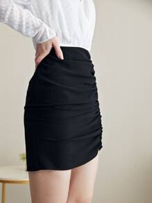 BizChic High Waist Solid Ruched Skirt - Black - View 7