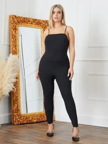 SHEIN 大碼下擺開叉吊帶連體褲不附腰帶 - 黑色 - 查看 2