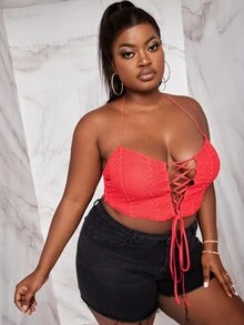 Slaydiva Áo hai dây Plus Size Lộ Lưng Ren lên Buộc lại màu trơn Gợi cảm - Màu Hồng  Dưa hấu - Xem 6