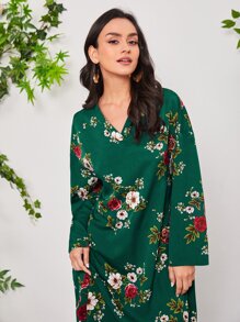 Mulvari Floral Print Drop Shoulder Tunic Dress - Multicolor - View 5