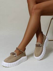 鏈條裝飾厚底樂福鞋 - 杏色 - 查看 1