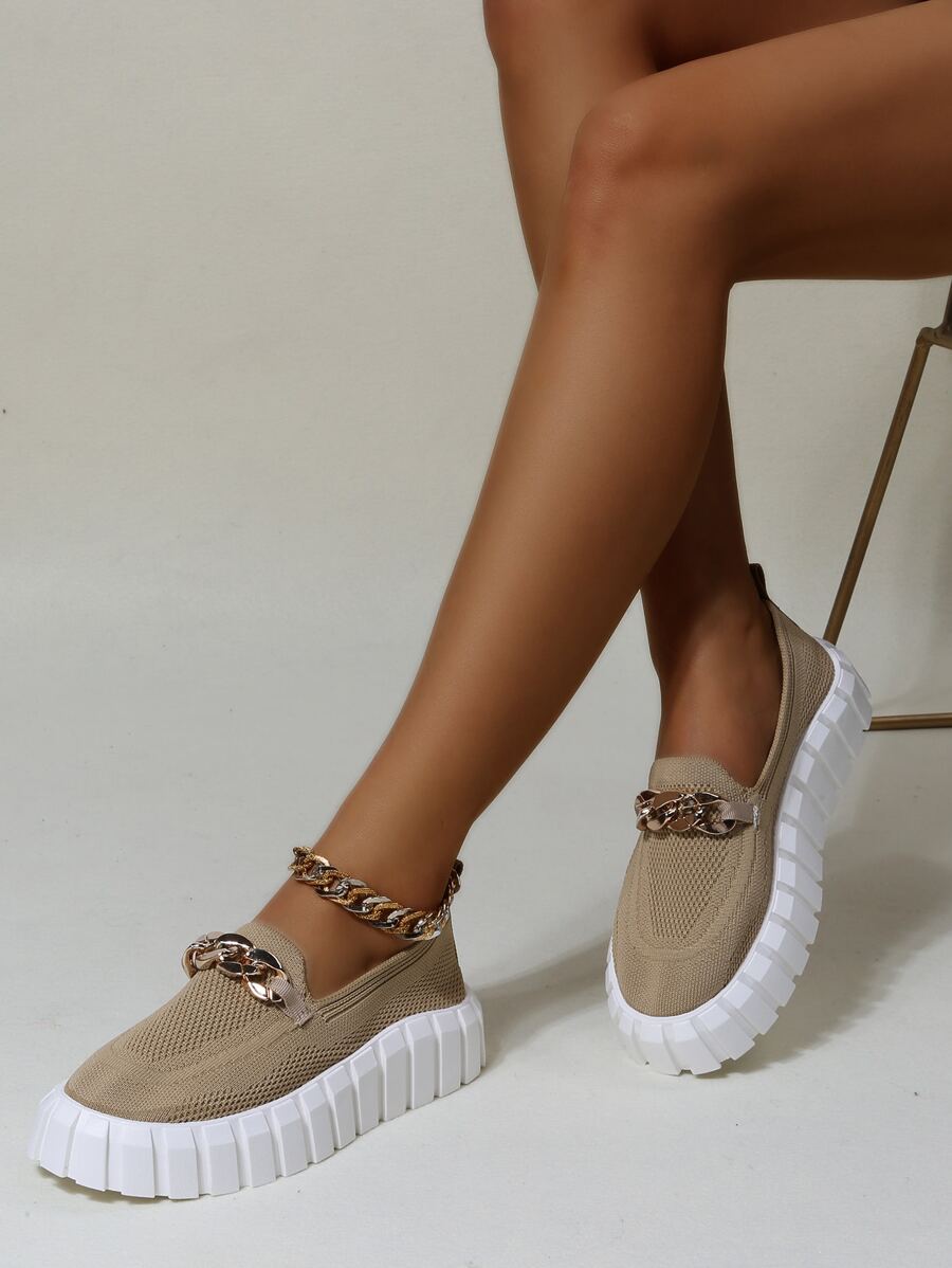 鏈條裝飾厚底樂福鞋 - 杏色 - 查看 1