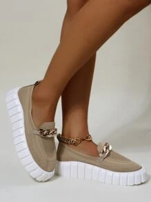 鏈條裝飾厚底樂福鞋 - 杏色 - 查看 2