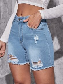 SHEIN Essnce Ripped Raw Hem Denim Shorts - Light Wash - View 4