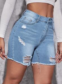 SHEIN Essnce Ripped Raw Hem Denim Shorts - Light Wash - View 5