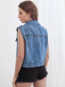SHEIN Essnce Áo khoác & áo khoác denim nữ Túi Nút phía trước màu trơn Giải trí - Rửa nhẹ - Xem 2