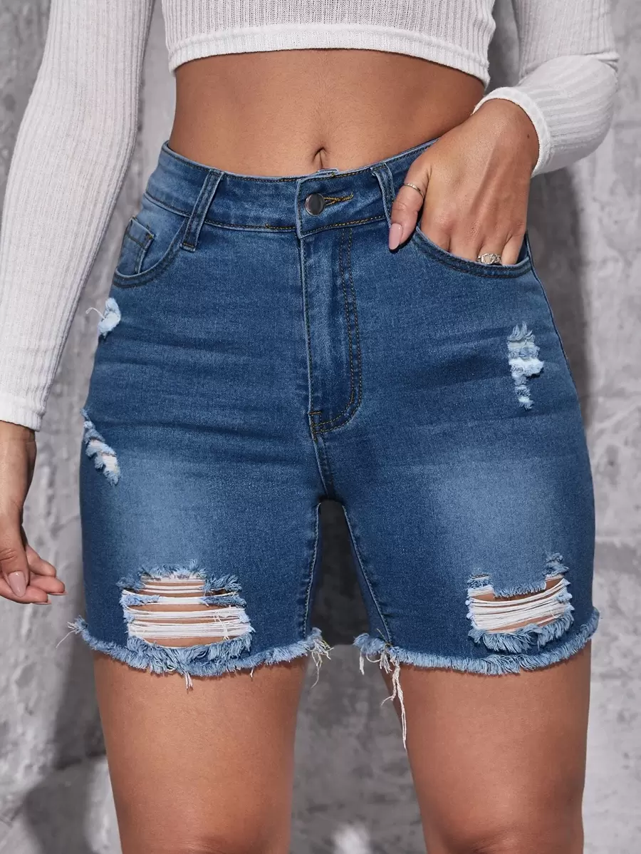 Flexra Ripped Raw Hem Denim Shorts - Dark Wash - View 1