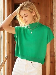 Knit Mix Women's French Casual Knit Sleeveless Turtleneck Top, Lightweight Ribbed Knit Pullover Sweater, Suitable For Spring And Autumn, Loose And Fashionable, Back To School Autumn Outfit - Green - View 2