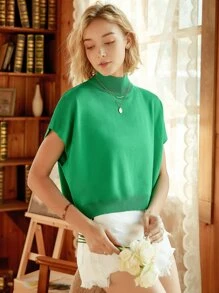 Knit Mix Women's French Casual Knit Sleeveless Turtleneck Top, Lightweight Ribbed Knit Pullover Sweater, Suitable For Spring And Autumn, Loose And Fashionable, Back To School Autumn Outfit - Green - View 8