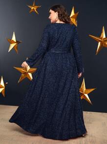 SHEIN Belle Plus Overlap Collar Belted Glitter Dress - Royal Blue - View 2