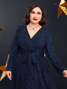 SHEIN Belle Plus Overlap Collar Belted Glitter Dress - Royal Blue - View 3
