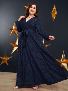 SHEIN Belle Plus Overlap Collar Belted Glitter Dress - Royal Blue - View 4