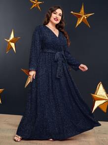 SHEIN Belle Plus Overlap Collar Belted Glitter Dress - Royal Blue - View 5