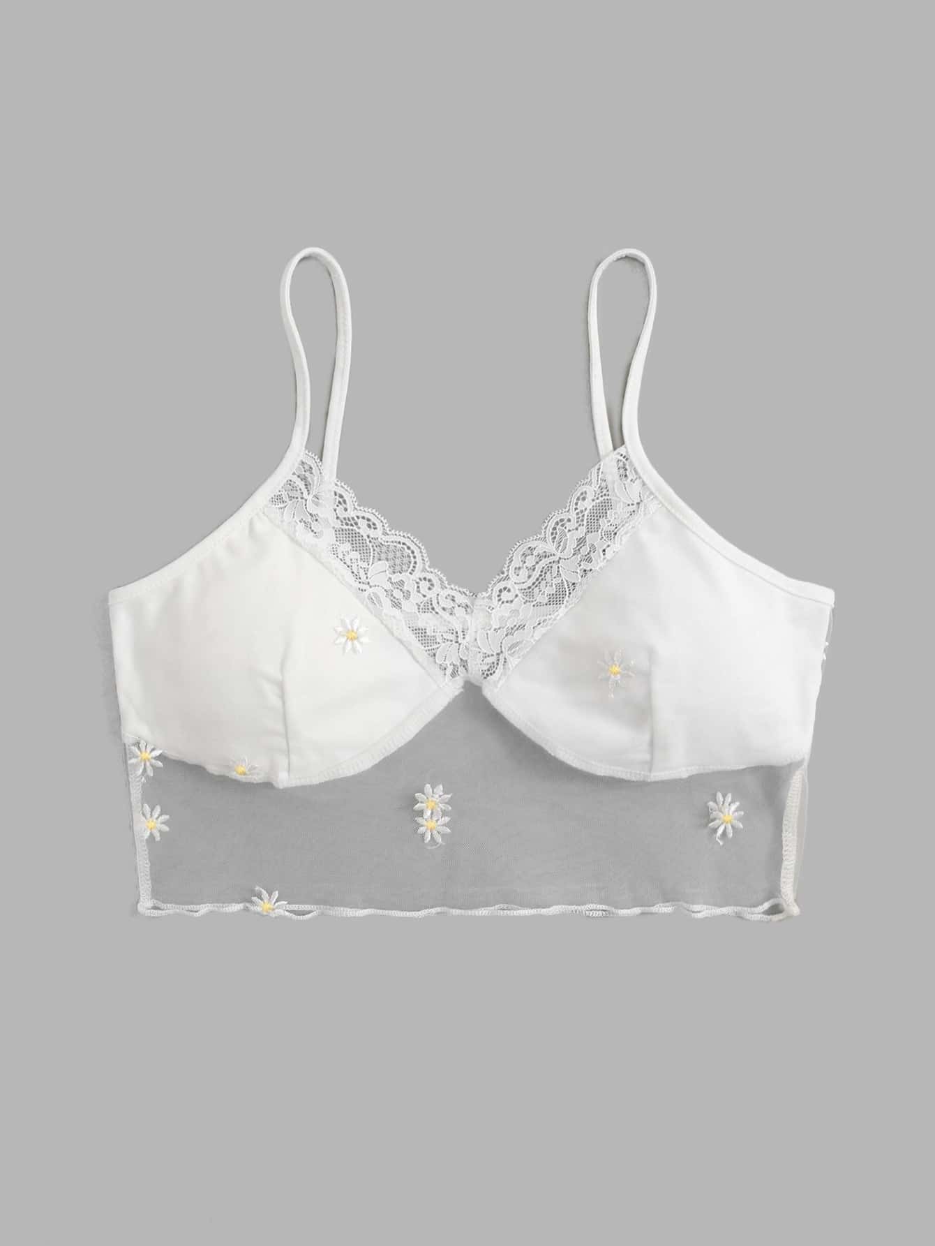 ROMWE Floral Embroidery Lace Trim Cami Top - White - View 1