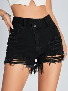 Shorts mezclilla desgarro bajo crudo - Negro - Ver 3
