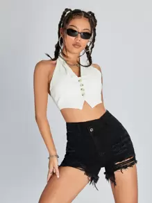 Shorts mezclilla desgarro bajo crudo - Negro - Ver 1
