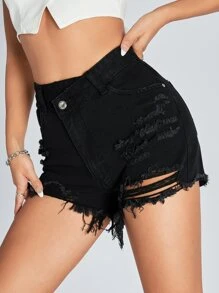 Shorts mezclilla desgarro bajo crudo - Negro - Ver 2
