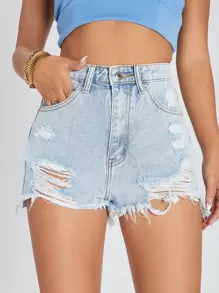 Quần short denim nữ Nút Túi Hem thô Bị tách Dây kéo màu trơn - Rửa nhẹ - Xem 1