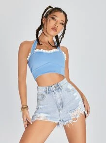Quần short denim nữ Nút Túi Hem thô Bị tách Dây kéo màu trơn - Rửa nhẹ - Xem 3