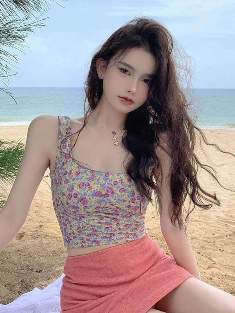 滿身花卉短款背心 - 彩色 - 查看 1