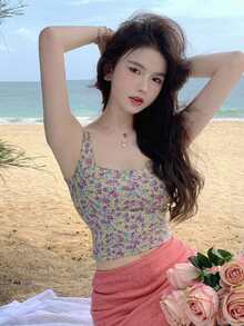 滿身花卉短款背心 - 彩色 - 查看 3