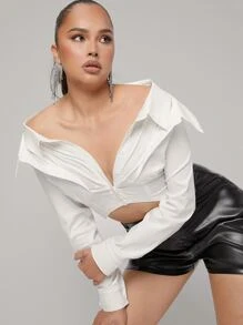 單排釦素色襯衫 - 白色 - 查看 1