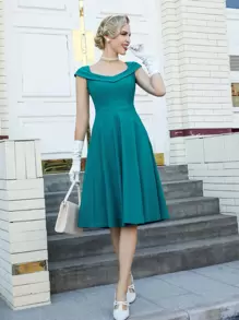 MUXXN Solid Sweetheart Neck Flared Hem Dress - Teal Blue - View 3