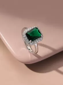 1pc Rectangular Green Cubic Zirconia Ring - Multicolor - View 1