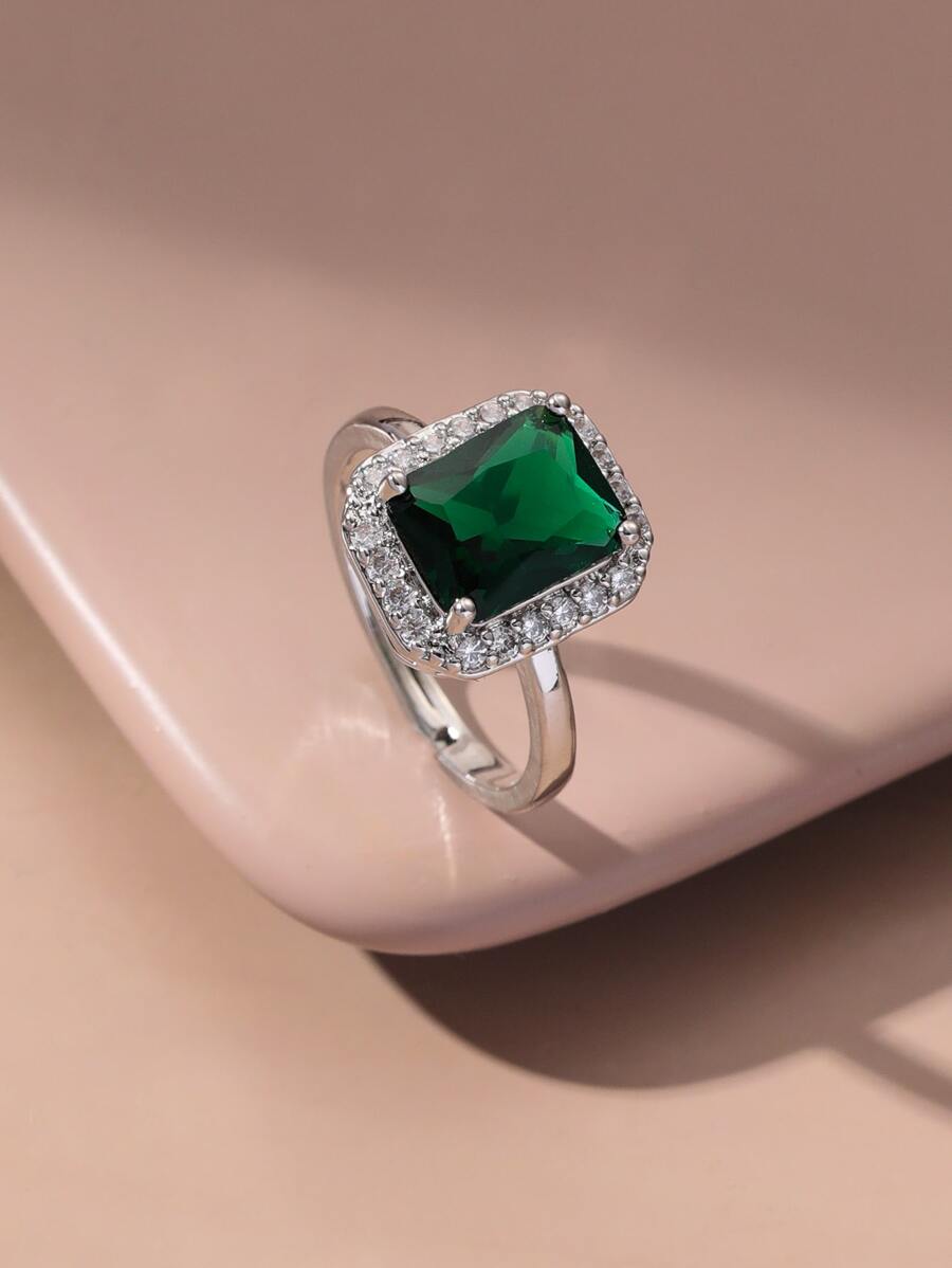 1pc Rectangular Green Cubic Zirconia Ring - Multicolor - View 1