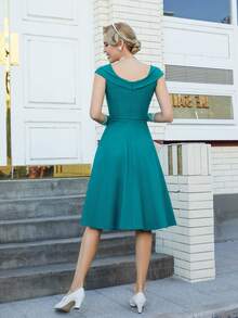 MUXXN Solid Sweetheart Neck Flared Hem Dress - Teal Blue - View 2