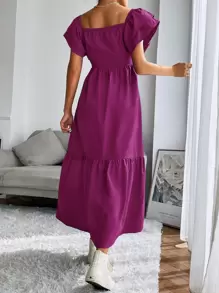 Seusyu Layered Sleeve Ruffle Hem Dress Maxi Women Outfit - Purple - View 2