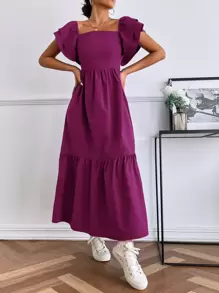 Seusyu Layered Sleeve Ruffle Hem Dress Maxi Women Outfit - Purple - View 3
