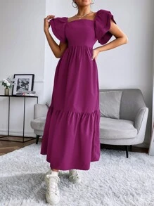 Seusyu Layered Sleeve Ruffle Hem Dress Maxi Women Outfit - Purple - View 4