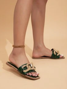 女士時尚綠色鑽石點綴穆勒高跟鞋帶鱷魚紋,鱷魚紋有圖案,壓花和鏈條裝飾拖鞋 - 綠色 - 查看 3