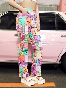 SHEIN Patchwork Print Straight Leg Pants - Multicolor - View 3