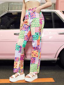 SHEIN Patchwork Print Straight Leg Pants - Multicolor - View 4