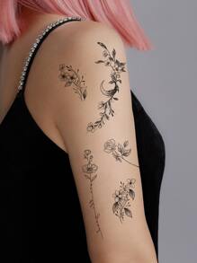 Kit de pegatinas de tatuaje, 2 hojas de tatuajes temporales con patrón de plantas para mujeres, pegatinas de tatuajes para adultos, flor de tatuaje realista, para mujeres y niñas - Negro - Ver 2