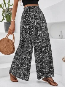 SHEIN VCAY Allover Print High Waist Wide Leg Pants - Black and White - View 1