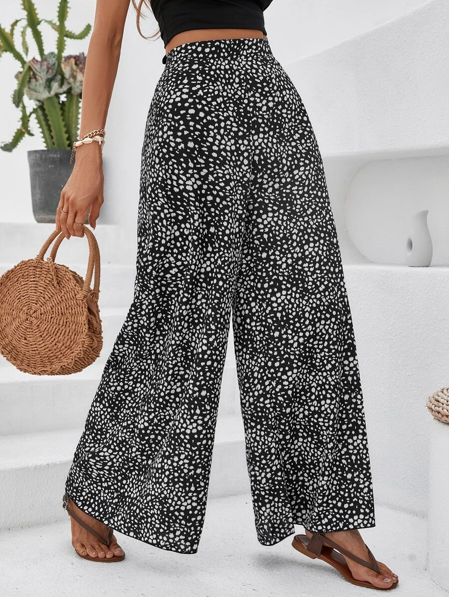 SHEIN VCAY Allover Print High Waist Wide Leg Pants - Black and White - View 1
