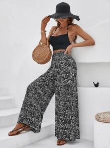 SHEIN VCAY Allover Print High Waist Wide Leg Pants - Black and White - View 3