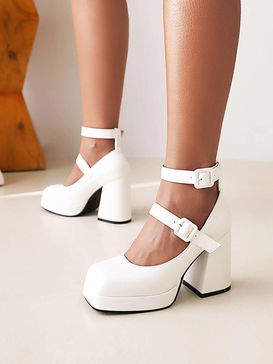 帶扣細節粗跟防水台瑪麗珍淺口皮鞋 - 白色 - 查看 1