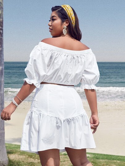 Plus Fake Button Off Shoulder Puff Sleeve Top & Ruffle Hem Skirt