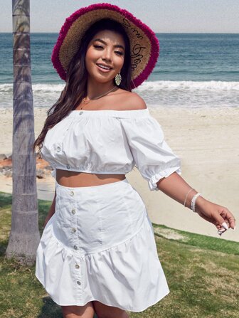 Plus Fake Button Off Shoulder Puff Sleeve Top & Ruffle Hem Skirt