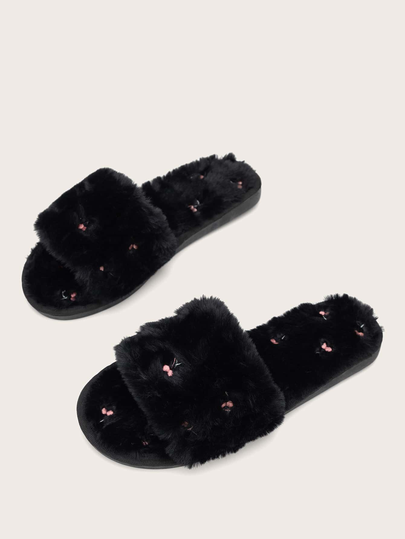 櫻桃刺繡毛茸茸臥室拖鞋 - 黑色 - 查看 1
