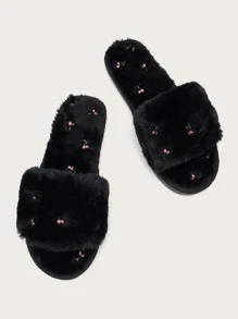 櫻桃刺繡毛茸茸臥室拖鞋 - 黑色 - 查看 4
