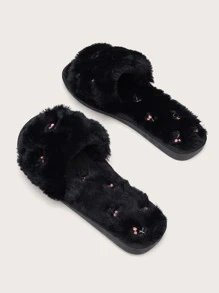 櫻桃刺繡毛茸茸臥室拖鞋 - 黑色 - 查看 5