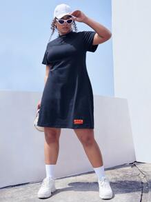 SHEIN EZwear 大碼標語貼布細節小高領T恤洋裝 - 藏蓝色 - 查看 3