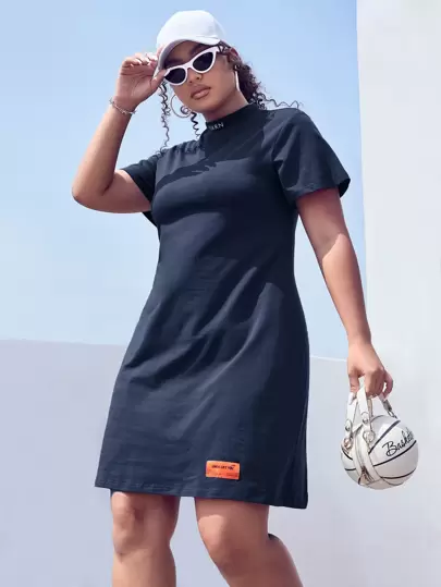 SHEIN EZwear Plus Slogan Patched Detail Mock Neck Tee Dress