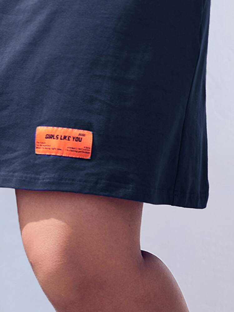 SHEIN EZwear Plus Slogan Patched Detail Mock Neck Tee Dress - Navy Blue - View 6