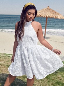 SHEIN Unity 大碼提花繞頸露背洋裝 - 白色 - 查看 5